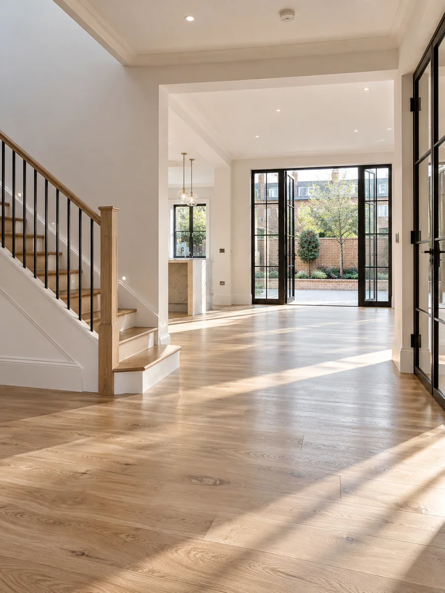 Illustrative newly renovated interior with oak flooring and staircase