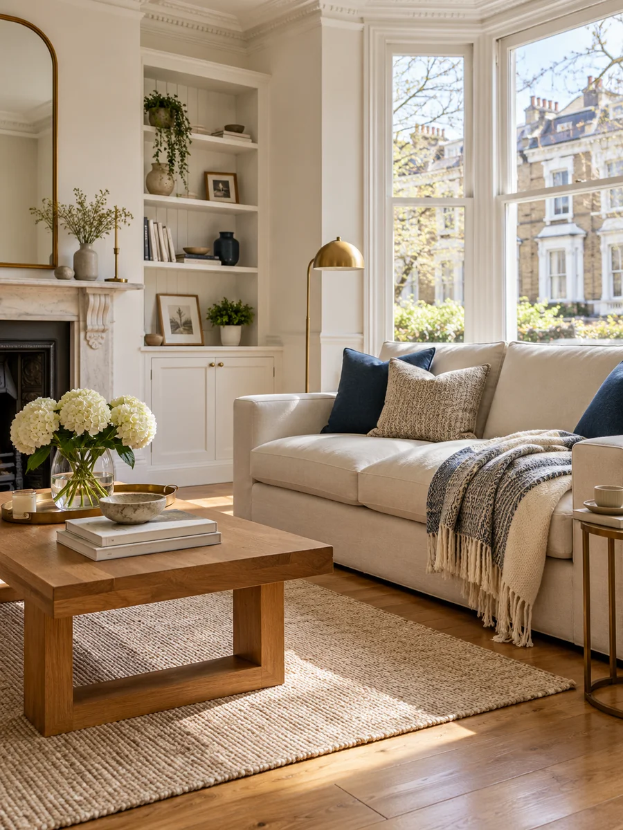 Illustrative bright living room with a cream sofa and oak floor