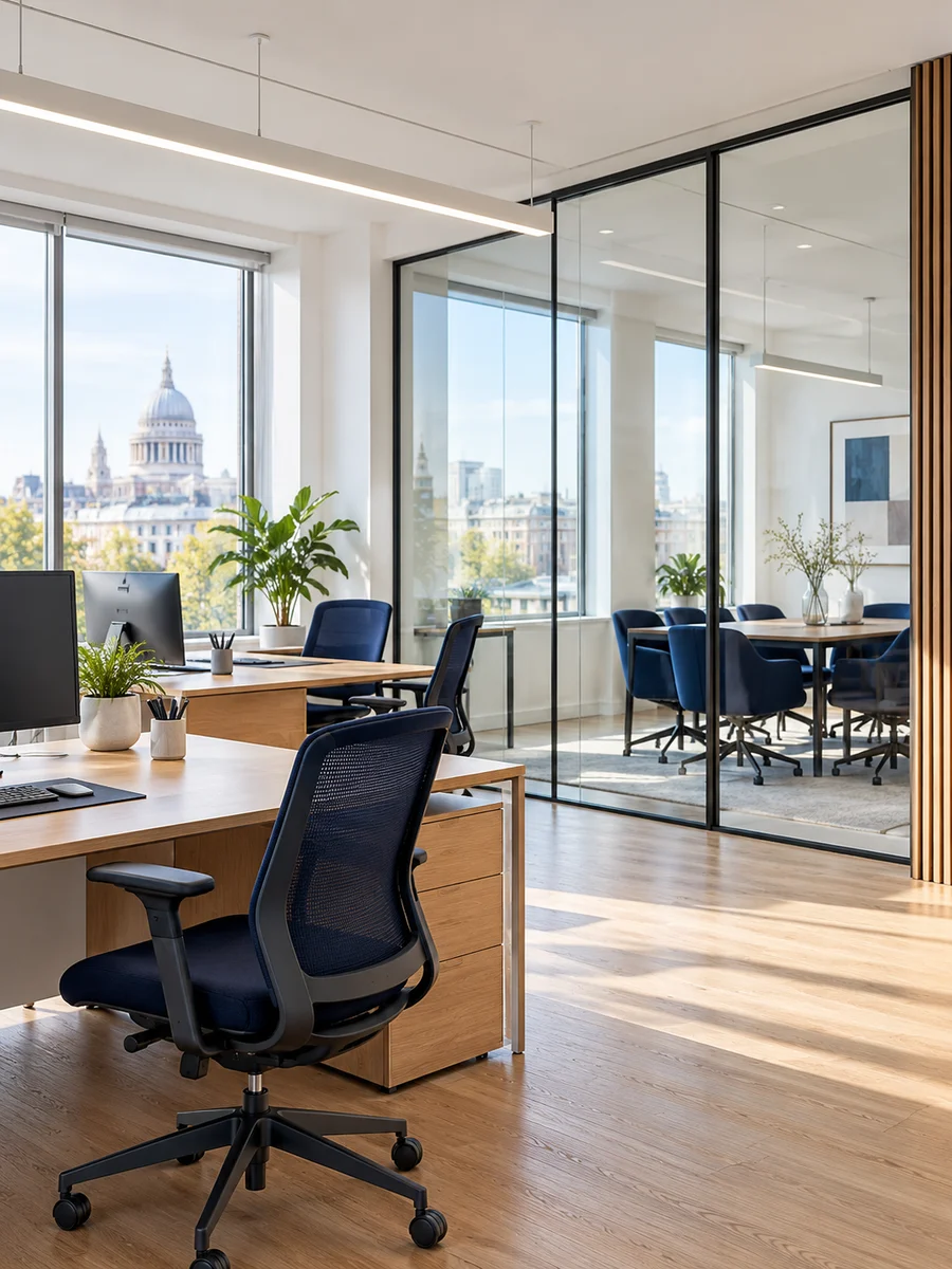 Illustrative clean office with desks and glass meeting room