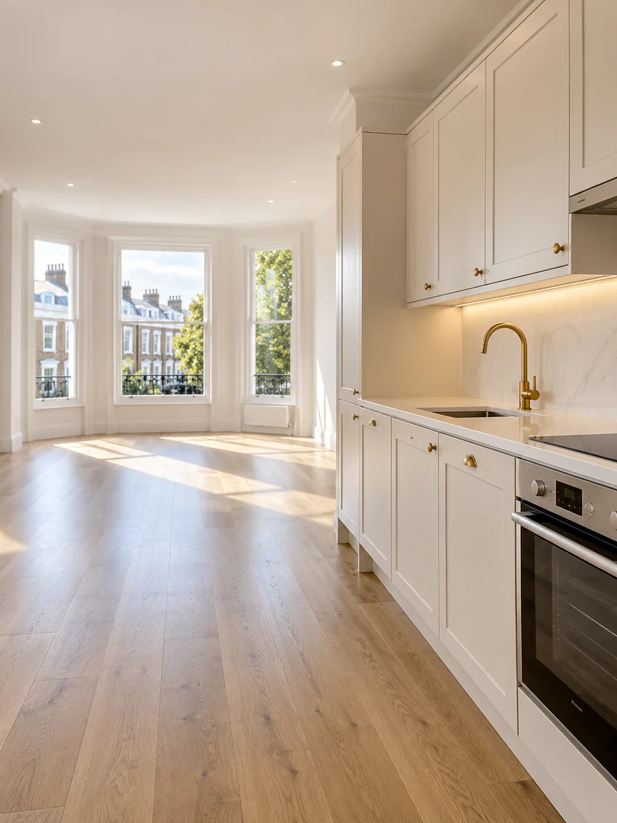 Illustrative empty apartment with a clean kitchen ready for new occupants